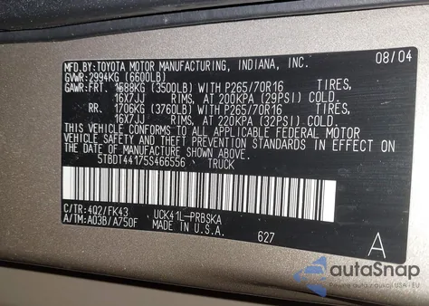 2005 Toyota Tundra Sr5 V8 z USA, uszkodzony, nr VIN 5TBDT44175S466556